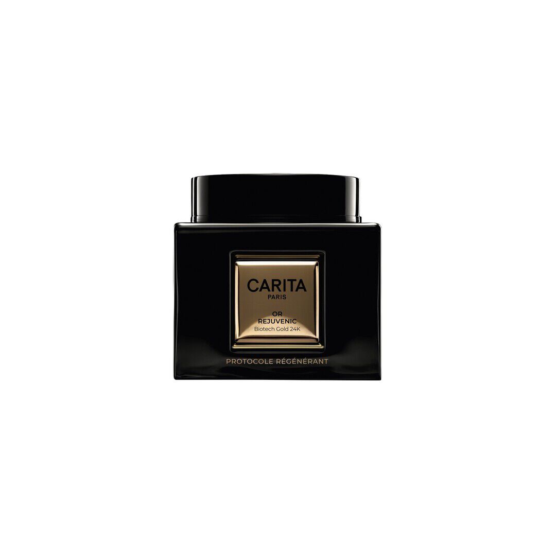Un pot carre noir elegant de Carita Or Rejuvenic 24K « Protocole Regenerant ». Son etiquette doree evoque le luxe et l'innovation, promettant une regeneration d'exception pour une peau sublimee.