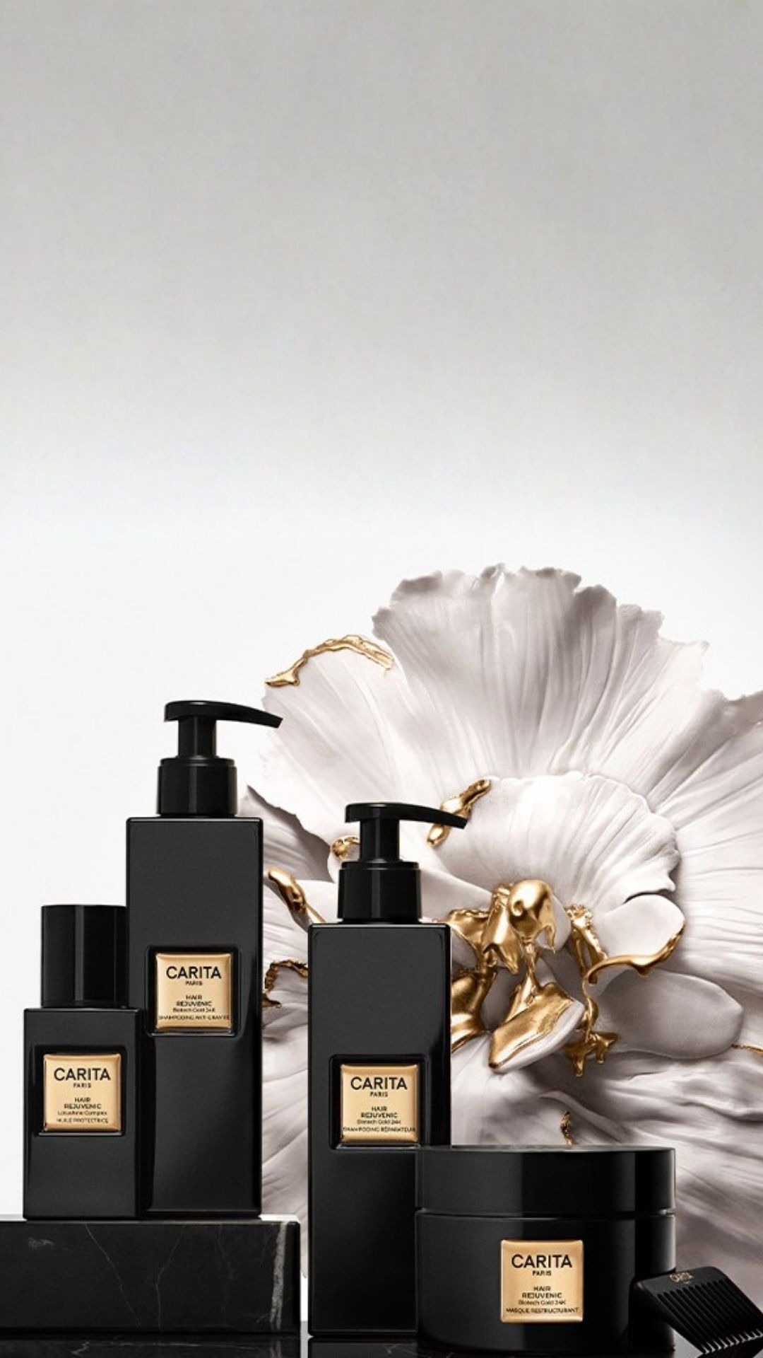 Shampooings, masque et huile de la gamme Hair Rejuvenic Carita. 