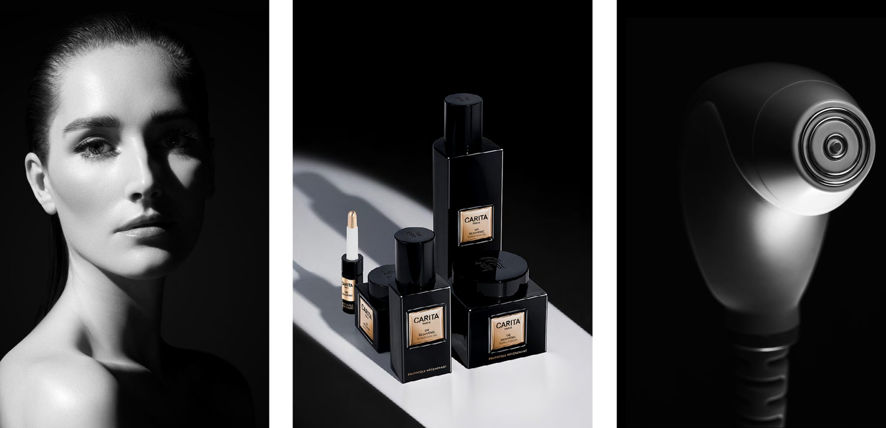 A black and white image featuring a woman's profile on the left, three elegant black skincare product bottles in the center, and a close-up of a high-tech skincare device on the right.