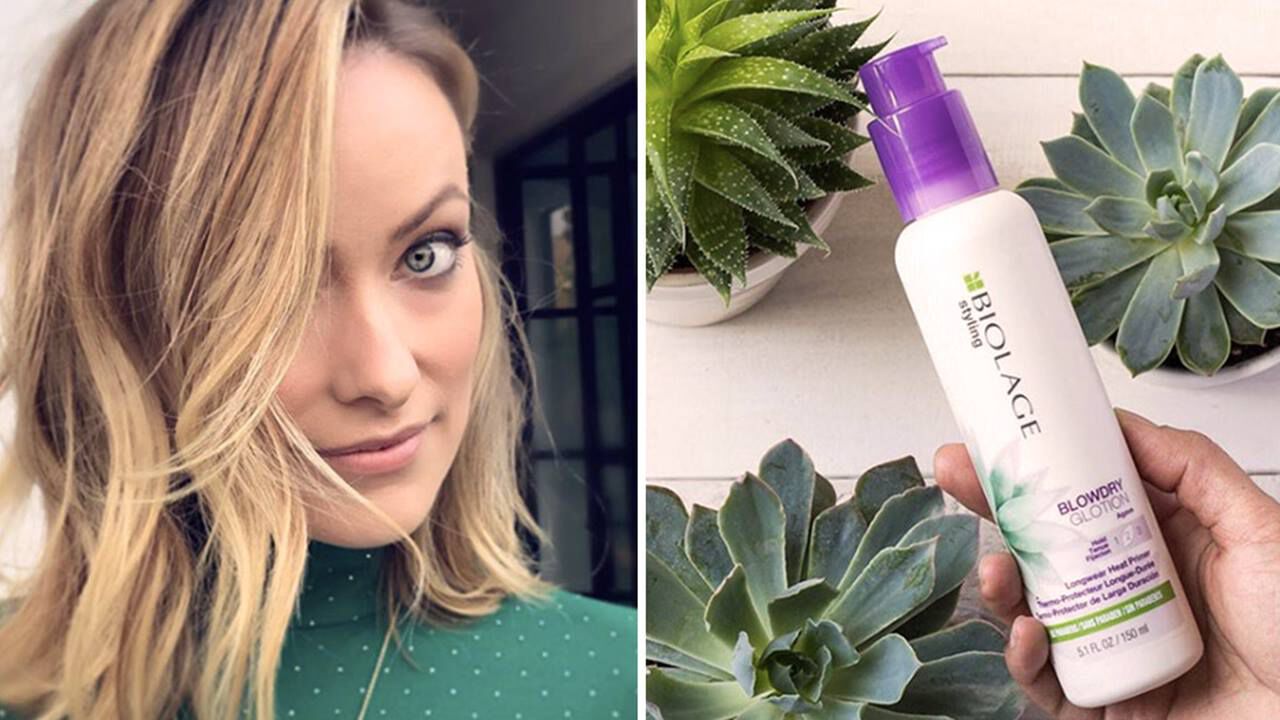 A split image featuring a woman with wavy hair on the left and a hand holding a bottle of Biolage Blonding Conditioner on the right, surrounded by green succulents.