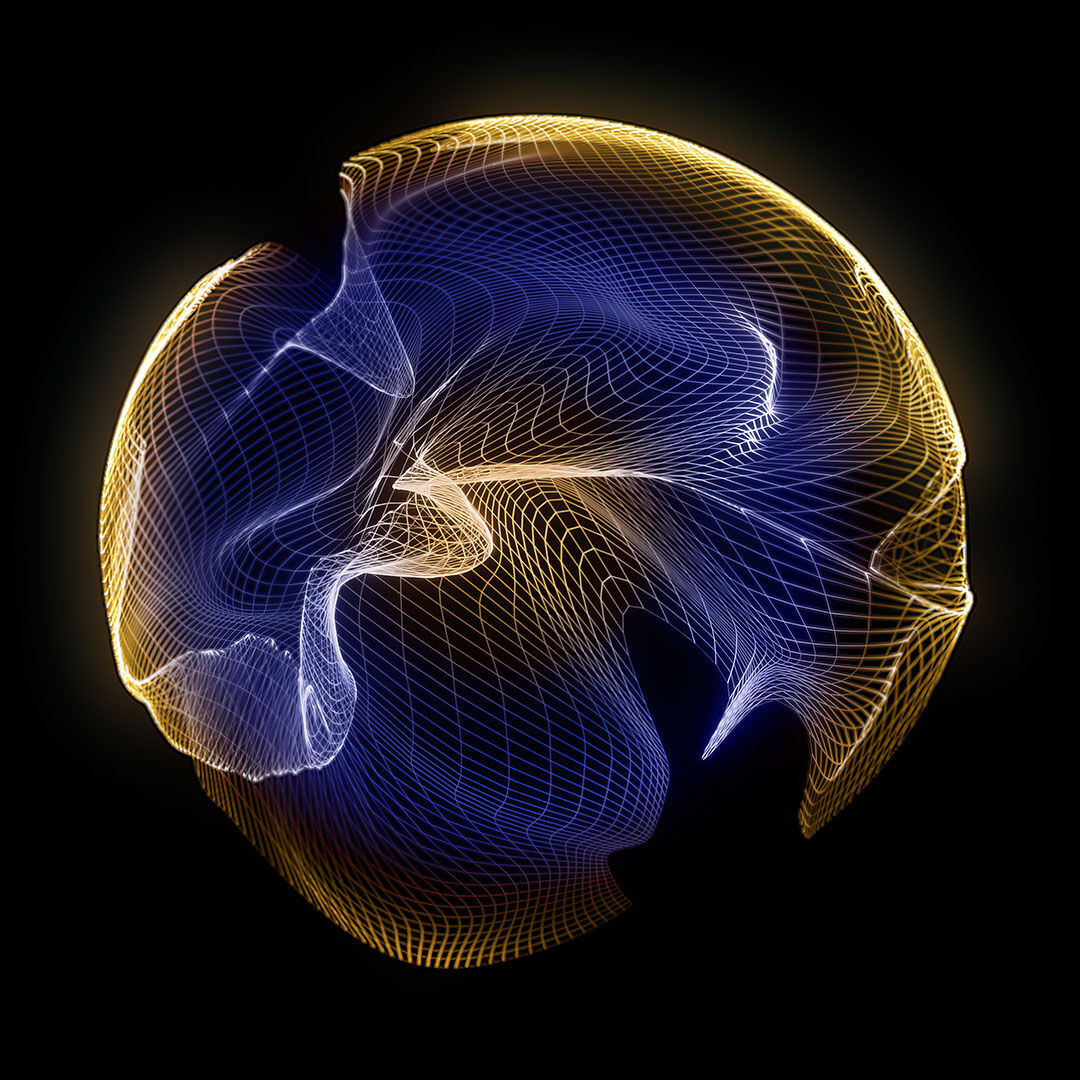 A swirling abstract design featuring a mesh of blue and gold lines, creating a dynamic, three-dimensional spherical shape against a black background.