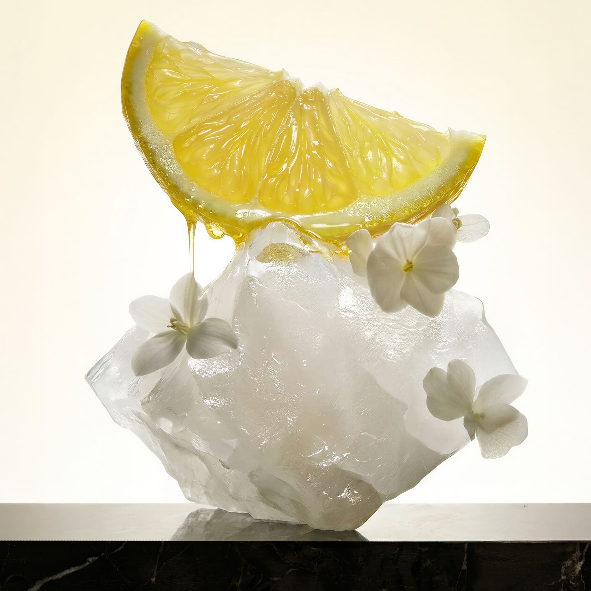Une tranche de citron sur de la glace avec des fleurs blanches. L expression d une fragrance fraiche et elegante, entre notes d agrumes vives et douceur florale.